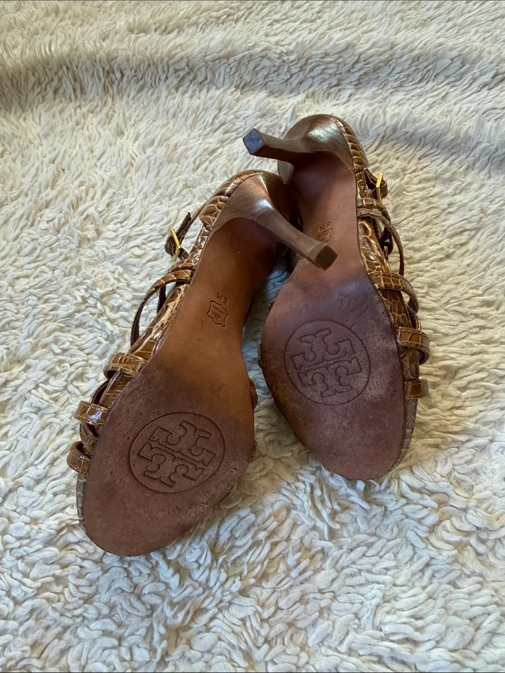 Tory Burch Cognac Croc-Embossed Strappy Heels size 8M